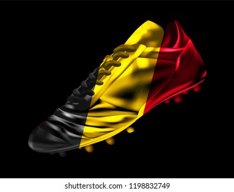 Soccer football boot with the flag of  Belgium printed on it, isolated on dark background, vector illustration 3d, 3 dimension, print, design