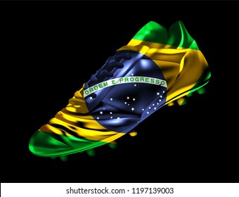 Soccer football boot with the flag of Brazil printed on it, isolated on dark background, vector illustration