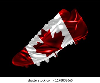 Soccer football boot with the flag of Canada printed on it, isolated on dark background, vector illustration 3d, 3 dimension, print, design