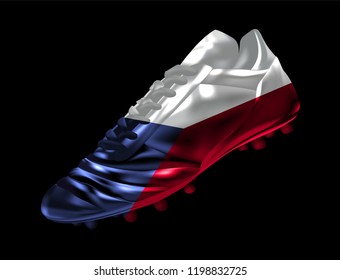 Soccer football boot with the flag of  Czech Republic printed on it, isolated on dark background, vector illustration 3d, 3 dimension, print, design