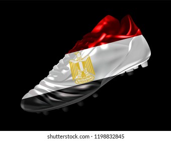 Soccer football boot with the flag of Egypt printed on it, isolated on dark background, vector illustration 3d, 3 dimension, print, design