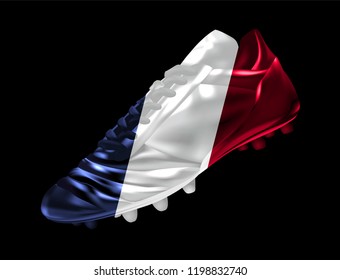 Soccer football boot with the flag of  France printed on it, isolated on dark background, vector illustration 3d, 3 dimension, print, design