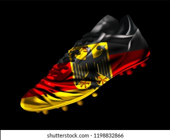 Soccer football boot with the flag of Germany printed on it, isolated on dark background, vector illustration 3d, 3 dimension, print, design