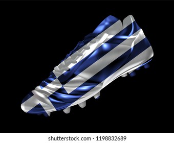 Soccer football boot with the flag of Greece printed on it, isolated on dark background, vector illustration 3d, 3 dimension, print, design