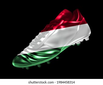 Soccer Football Boot With The Flag Of Hungary Printed On It, Isolated On Dark Background, Vector Illustration