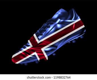 Soccer football boot with the flag of Iceland  printed on it, isolated on dark background, vector illustration 3d, 3 dimension, print, design