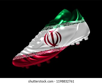 Soccer football boot with the flag of  Iran printed on it, isolated on dark background, vector illustration 3d, 3 dimension, print, design