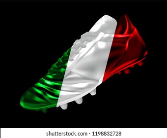 Soccer football boot with the flag of Italy printed on it, isolated on dark background, vector illustration 3d, 3 dimension, print, design