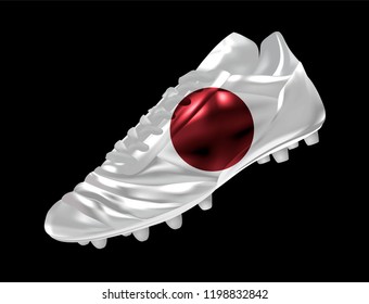 Soccer football boot with the flag of Japan printed on it, isolated on dark background, vector illustration 3d, 3 dimension, print, design