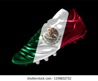 Soccer football boot with the flag of  Mexico printed on it, isolated on dark background, vector illustration 3d, 3 dimension, print, design