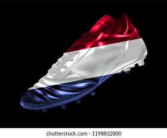 Soccer football boot with the flag of the Netherlands printed on it, isolated on dark background, vector illustration 3d, 3 dimension, print, design