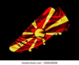 Soccer Football Boot With The Flag Of  North Macedonia, Printed On It, Isolated On Dark Background, Vector Illustration