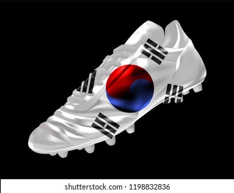 Soccer football boot with the flag of South Korea printed on it, isolated on dark background, vector illustration 3d, 3 dimension, print, design