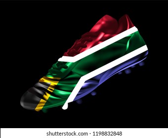 Soccer football boot with the flag of South Africa printed on it, isolated on dark background, vector illustration 3d, 3 dimension, print, design