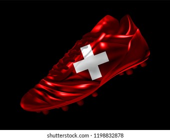 Soccer football boot with the flag of Switzerland printed on it, isolated on dark background, vector illustration 3d, 3 dimension, print, design