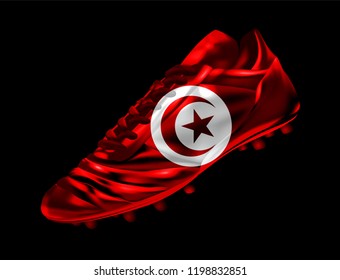 Soccer football boot with the flag of Tunisia printed on it, isolated on dark background, vector illustration 3d