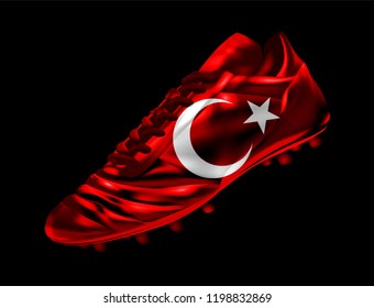 Soccer football boot with the flag of Turkey printed on it, isolated on dark background, vector illustration 3d, 3 dimension, print, design