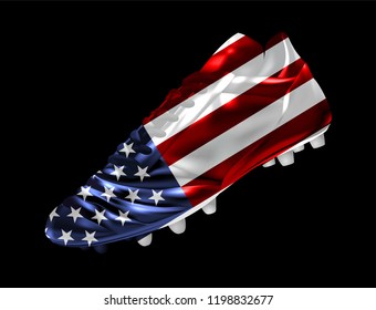 Soccer football boot with the flag of the USA printed on it, isolated on dark background, vector illustration 3d, 3 dimension, print, design