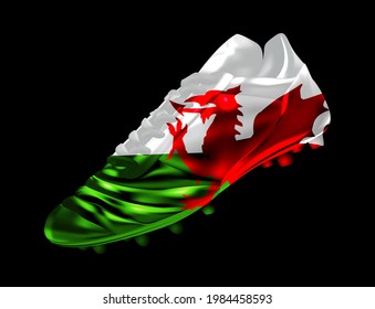 Soccer Football Boot With The Flag Of Wales Printed On It, Isolated On Dark Background, Vector Illustration