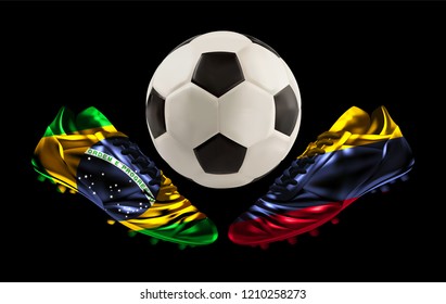 soccer, football boots facing each other with prints of national flags, Brazil versus Colombia and football between them, vector illustration, realistic 3d design, banner, poster, wallpaper