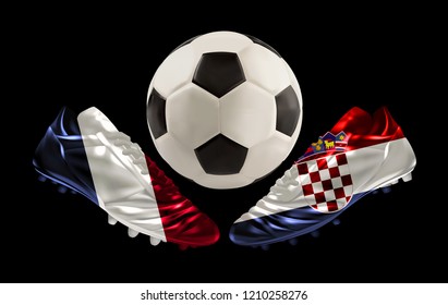 soccer, football boots facing each other with prints of national flags, France versus Croatia and football between them, vector illustration, realistic 3d design, banner, poster, wallpaper