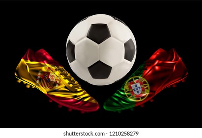 soccer, football boots facing each other with prints of national flags, Spain versus Portugal and football between them, vector illustration, realistic 3d design, banner, poster, wallpaper