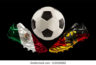 soccer, football boots facing each other with prints of national flags, Mexico versus Germany and football between them, vector illustration, realistic 3d design, banner, poster, wallpaper