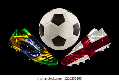 soccer, football boots facing each other with prints of national flags, Brazil versus England and football between them, vector illustration, realistic 3d design, banner, poster, wallpaper