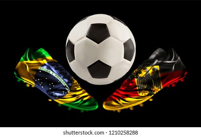 soccer, football boots facing each other with prints of national flags, Brazil versus Germany and football between them, vector illustration, realistic 3d design, banner, poster, wallpaper