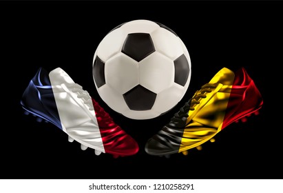 soccer, football boots facing each other with prints of national flags, France versus Belgium and football between them, vector illustration, realistic 3d design, banner, poster, wallpaper