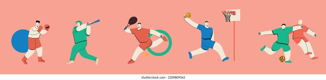 Soccer football, box, baseball, basketball, tennis. Collage of professional sportsmen in action and motion isolated. Hand drawn. Colorful abstract vector illustration