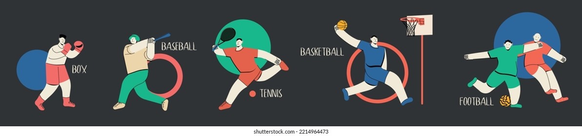 Soccer football, box, baseball, basketball, tennis. Collage of professional sportsmen in action and motion isolated. Hand drawn. Colorful abstract vector illustration