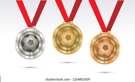 soccer football Champion Gold, Silver and Bronze Medal set with Red Ribbon  Vector Illustration 