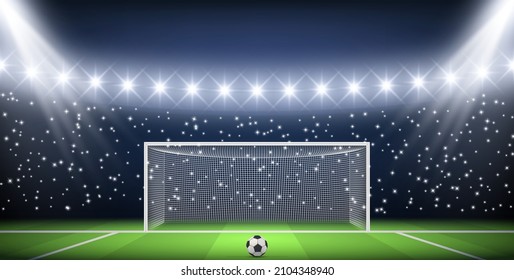 Soccer football championship realistic background vector illustration. Sports arena with ball in front of empty gates on grass field surrounded by lights and spotlights. 3d game playground night scene