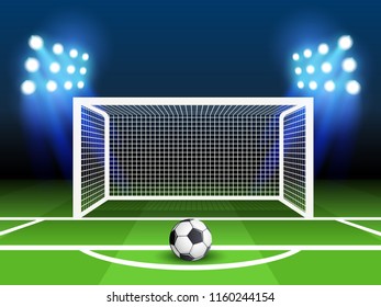 Soccer football championship vector background with sports ball and goals. Penalty kick concept. Gate soccer and ball on stadium illustration