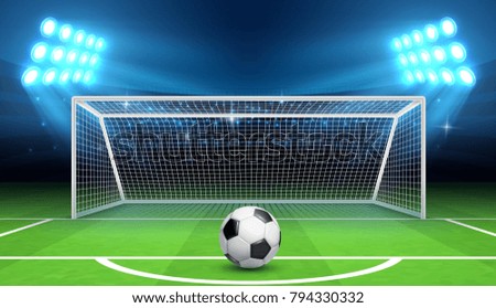 Soccer football championship vector background with sports ball and goals. Penalty kick concept. Gate soccer and ball on stadium illustration