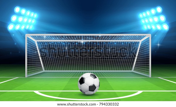 Soccer football championship vector\
background with sports ball and goals. Penalty kick concept. Gate\
soccer and ball on stadium\
illustration