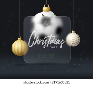 Soccer or football Christmas sale banner or greeting card. Merry Christmas and happy new year sport banner with glassmorphism or glass-morphism blur effect. Realistic vector illustration.