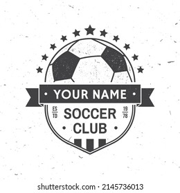 Soccer, football club badge design. Vector illustration. For college league football club sign, logo. Vintage monochrome label, sticker, patch with soccer ball silhouettes.
