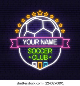 Soccer, football club Bright Neon Sign. Vector illustration. For college league football club sign, logo. Neon emblem label, sticker, patch with soccer ball silhouettes.