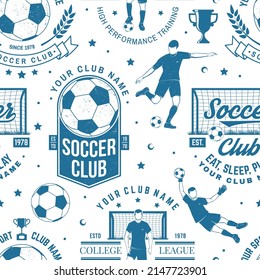Soccer, football club seamless pattern. Vector illustration. For football club background with soccer and football player, goalkeeper and gate silhouettes. Concept for soccer sport pattern background