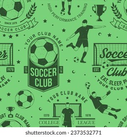 Soccer, football club seamless pattern. Vector illustration. For football club background with soccer and football player, goalkeeper and gate silhouettes. Concept for soccer sport pattern background