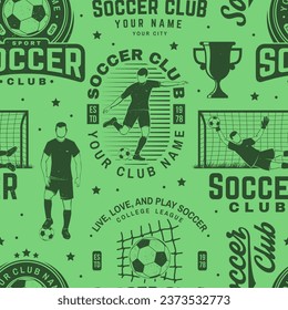 Soccer, football club seamless pattern. Vector illustration. For football club background with soccer and football player, goalkeeper and gate silhouettes. Concept for soccer sport pattern background