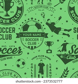 Soccer, football club seamless pattern. Vector illustration. For football club background with soccer and football player, goalkeeper and gate silhouettes. Concept for soccer sport pattern background