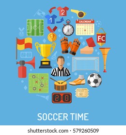 Soccer and Football concept with flat icons Referee, Ball, stadium and Trophy, isolated vector illustration