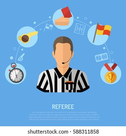 Soccer and Football concept with flat icons Referee, Ball, red card and award. Isolated vector illustration