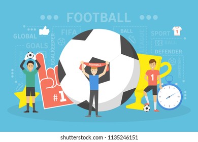 Soccer or football concept. Football player with ball, goalkeeper and fan. Flat vector illustration