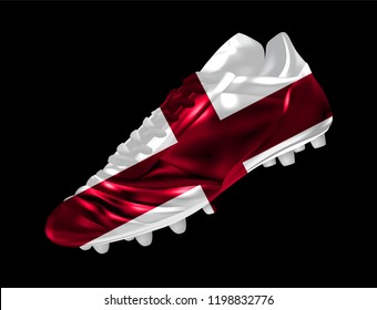 Soccer football cricket boot with the flag of  England printed on it, isolated on dark background, vector illustration