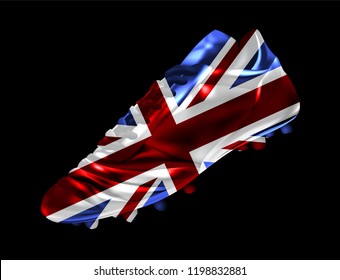 Soccer football cricket boot with the flag of United Kingdom printed on it, isolated on dark background, vector illustration 3d, 3 dimension, print, design