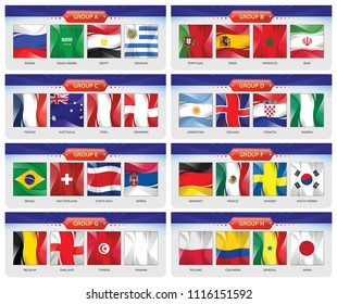 Soccer or football cup 2018. Set of national flags team group A - H. Vector for international world championship tournament.